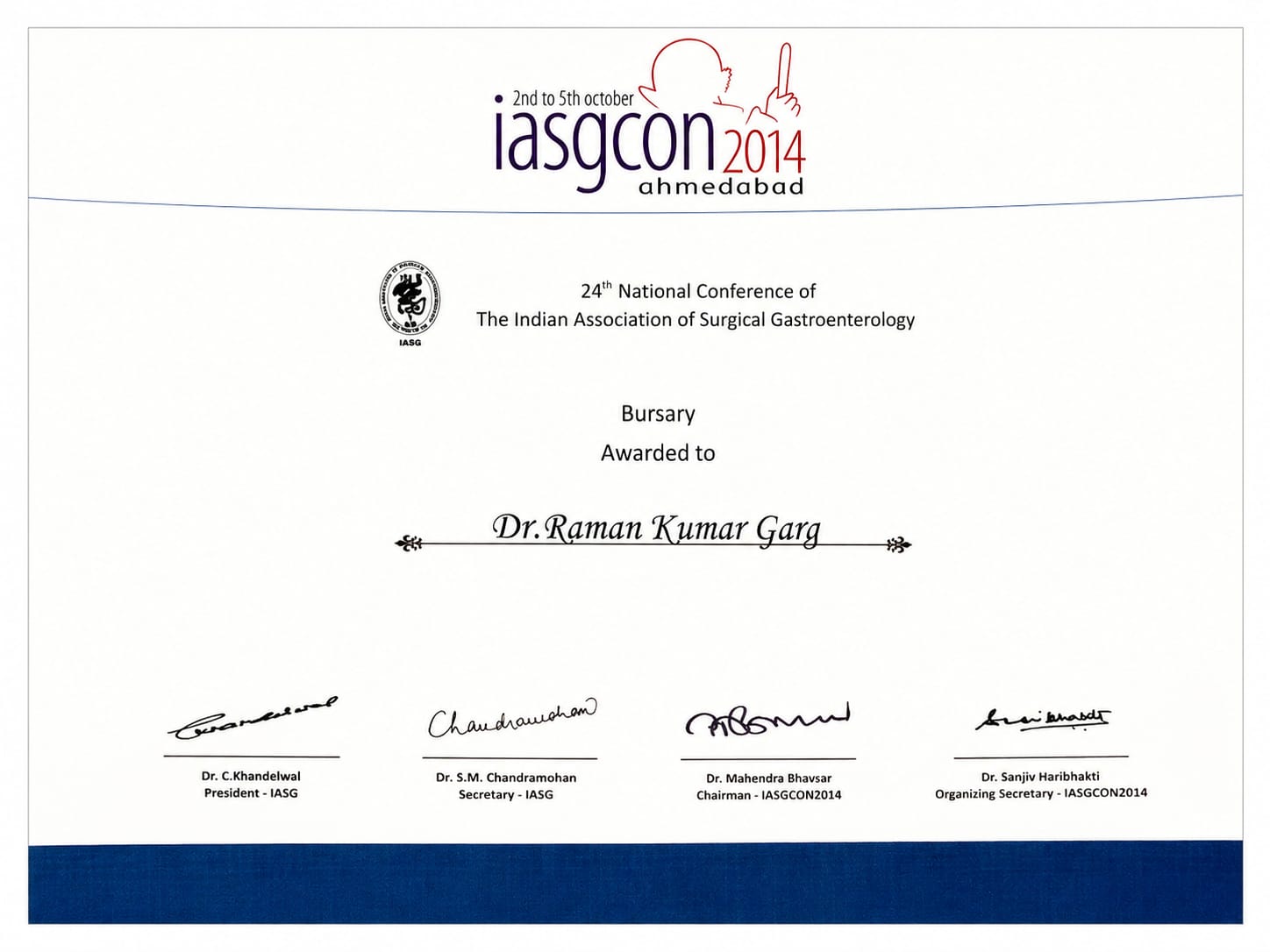 IASGCON 2014 Bursary Award Certificate – Dr. Raman Kumar Garg – 24th National Conference, Indian Association of Surgical Gastroenterology, Ahmedabad